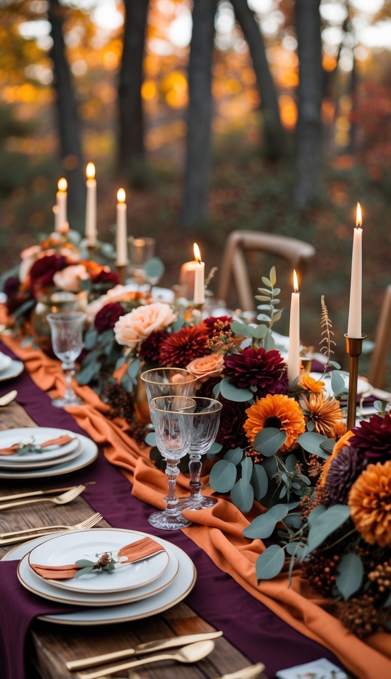 A wedding table decorated with plum and orange runners, autumn flowers, candles, and elegant tableware in a warm fall setting.